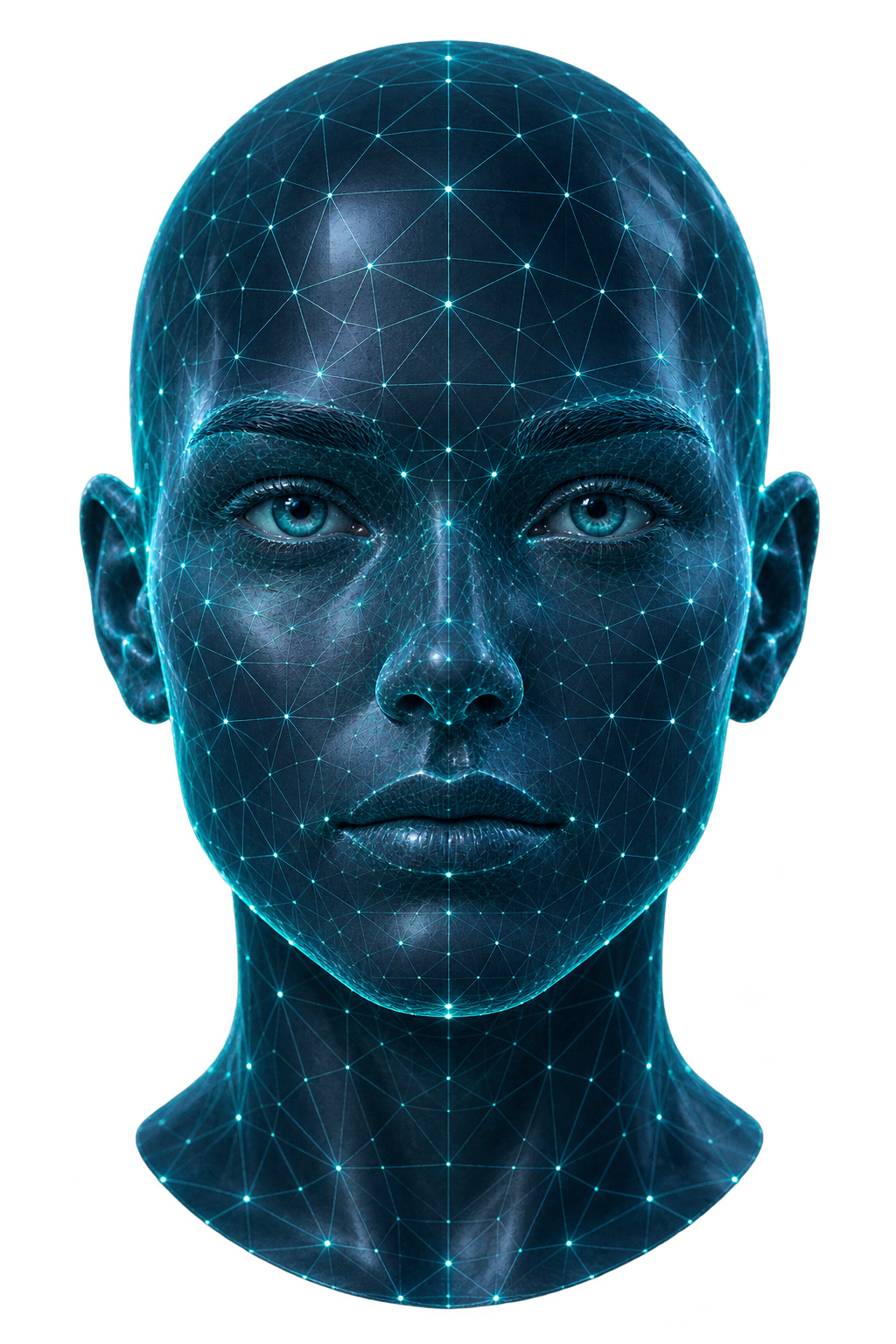 Rostro humano tridimensional cubierto por una malla de reconocimiento facial
